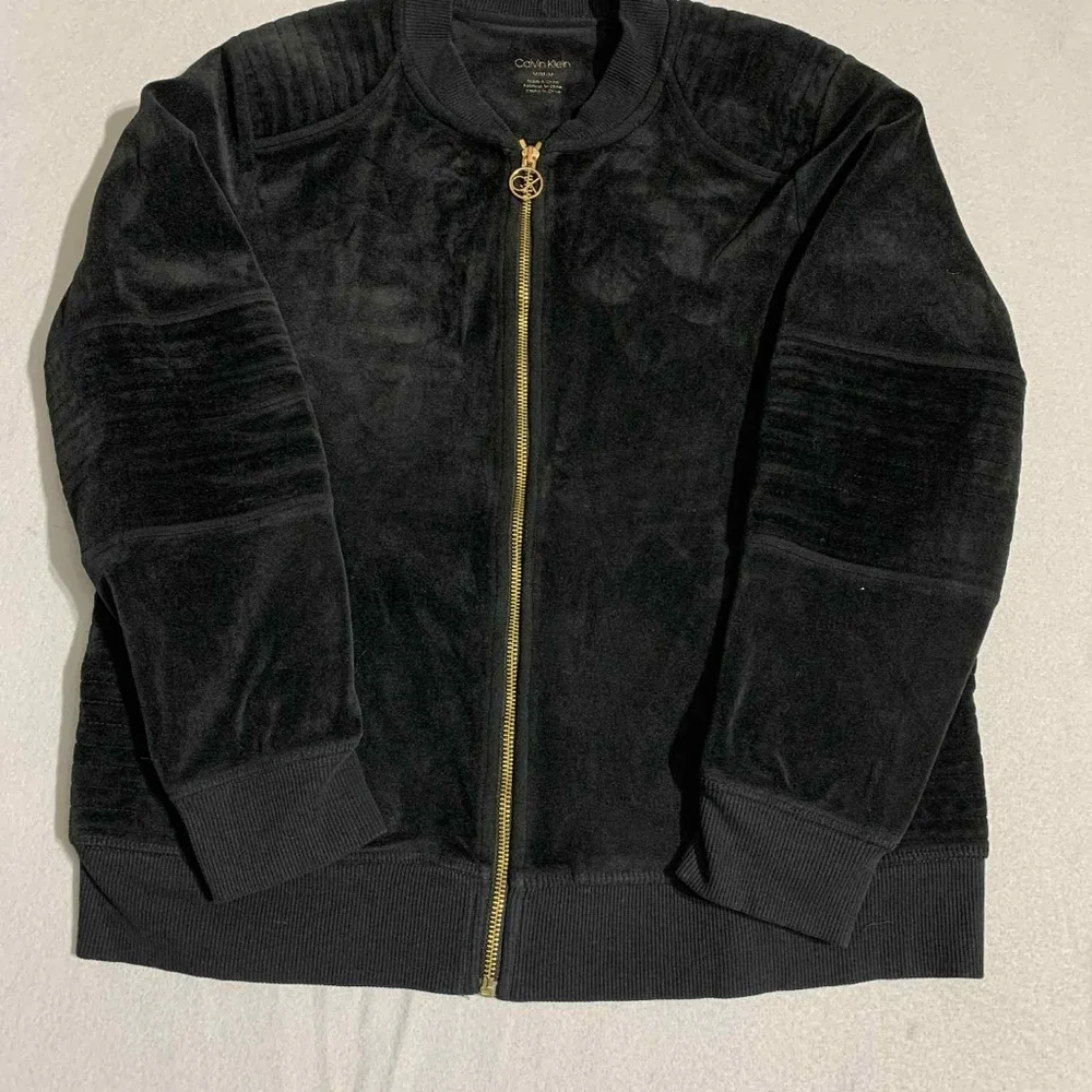 Luxe Velour Black Calvin Klein Bomber Jacket Moto Y2K Athleisure Quilted Zip M‎